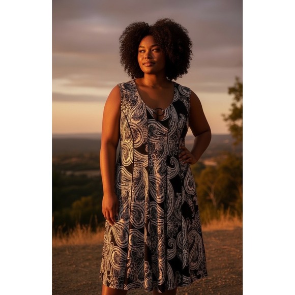 Est 1946 NWT Paisley Black/White Sleeveless Dress V-Neck Knee Length Women Med # - Picture 1 of 12